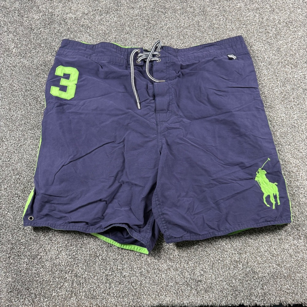 Polo Ralph Lauren Swim Trunks Men's XL Navy Blue Big Pony Lime Green 3 Logo